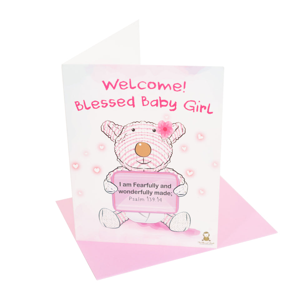 Welcome Blessed Baby Girl - Joy Gretting Card - Psalm 139:14